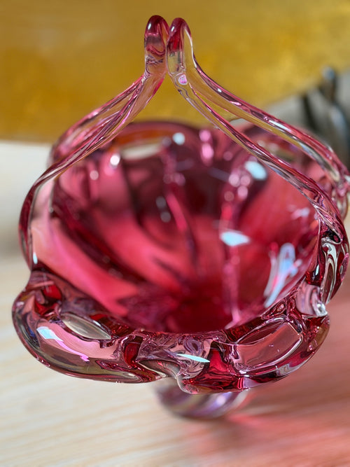 Bohemia Pink/Cranberry Czech Art Glass Sculptural Basket Style Vase